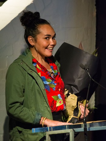 Katie Beckett accepts the 2015 Balnaves Award. Image: Patrick Boland.