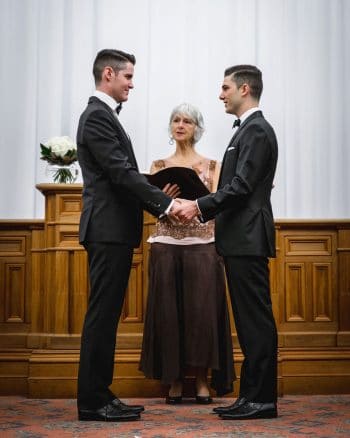 Matthew Lee Robinson and Scott Morris at their wedding in Auckland, 2016