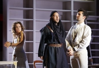 Emily Edmonds, Christopher Lowrey,  and Russell Harcourt  in Pinchgut Opera's Bajazet. Photograph by Keith Saunders.