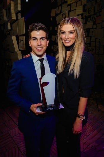 Rob Guest Endowment Recipient Daniel Assetta with Delta Goodrem at the Rob Guest Endowment Gala 2015, taken at the Lyric Theatre in Sydney, on Monday, 9 November 2015. 