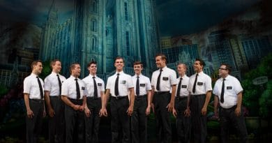 Blake Bowden, Nyk Bielak and ensemble in THE BOOK OF MORMON (c) Jeff Busby